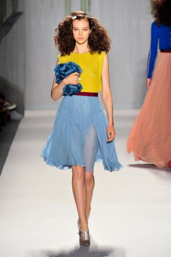 Jenny Packham mustard top, blue skirt