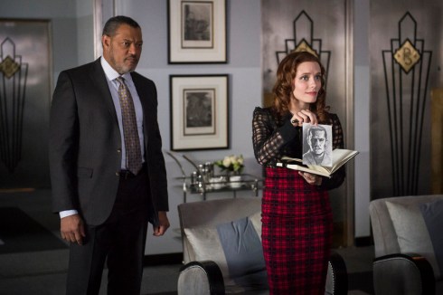 HANNIBAL -- "The Number of the Beast is 666" Episode 312 -- Pictured: (l-r) Laurence Fishburne as Jack Crawford, Lara Jean Chorostecki as Freddie Lounds -- (Photo by: Brooke Palmer/NBC)